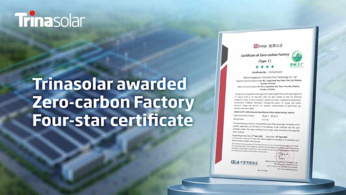 Trinasolar asciende a la clasificación cuatro estrellas en certificación Fábrica Cero Carbono de TiGroup