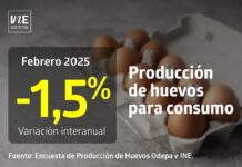 La producción de huevos de consumo presentó una disminución interanual de 1,5% en febrero de 2025