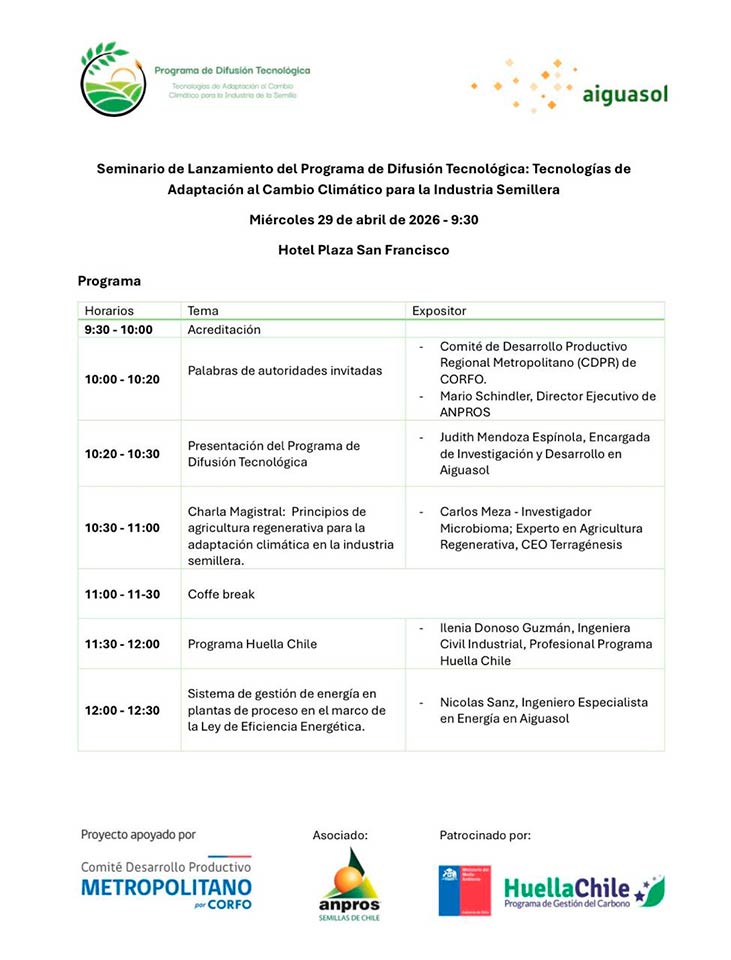 Seminario de la industria semillera 2026, CORFO y ANPROS. Programa de Difusión Tecnológica "Tecnologías de adaptación al Cambio Climático para la industria de la Semilla"