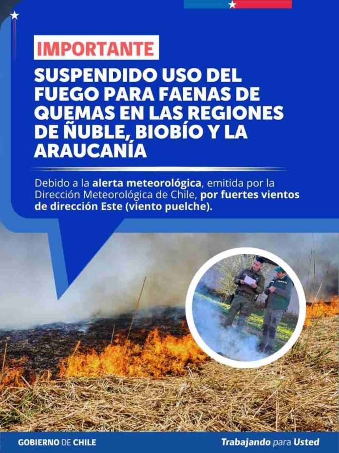 Conaf suspende quemas agrícolas y forestales en ñuble ante alerta por vientos fuertes